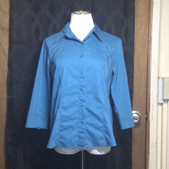 Apostrophe Stretch blue button up long sleeve collard fancy blouse - Picture 1 of 5